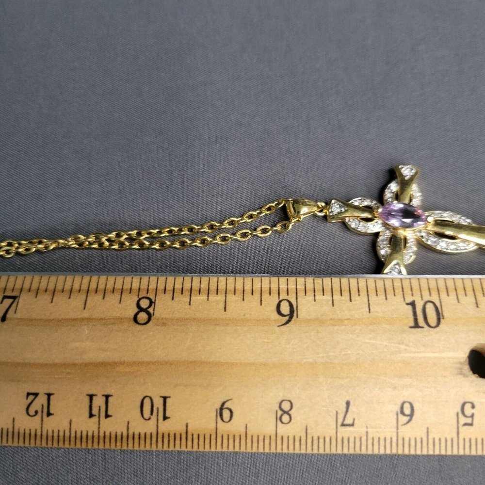 Gold Tone Metal Purple Marquis and Pave Crystals Cross Pendant Necklace 18 in - Picture 7 of 8
